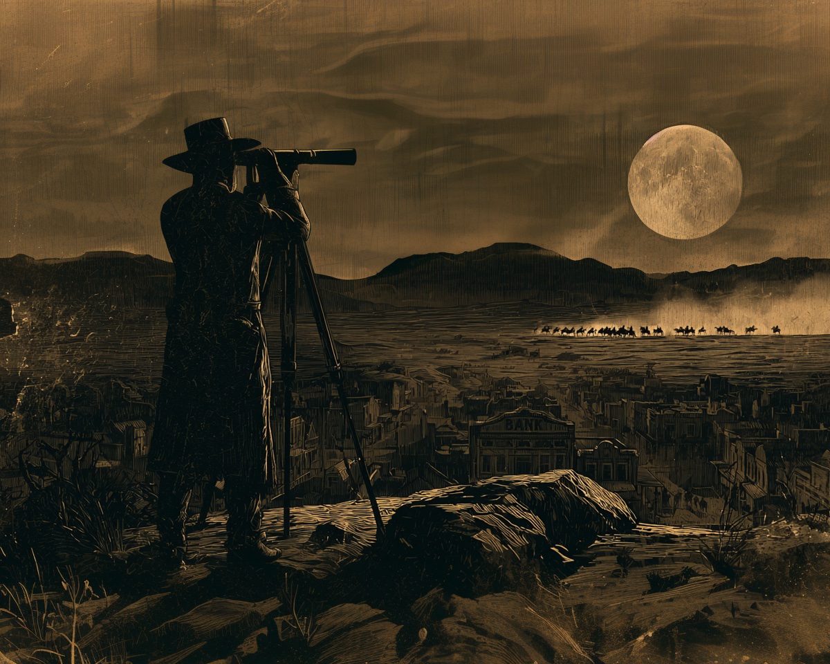 A lookout on a bluff watches through a spyglass as riders approach a frontier town from the far side