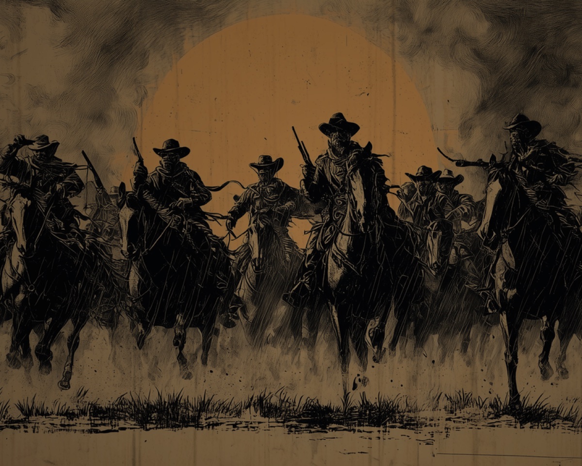 A line of riders at a gallop through rain and smoke, silhouetted against a low sun