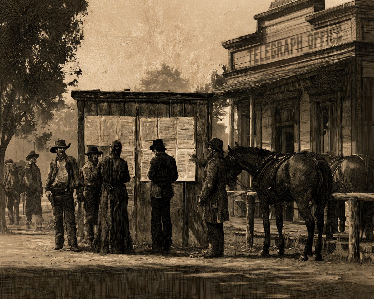 Townspeople gathered at a frontier notice board papered with printed sheets, outside a telegraph office, with horses tied at the rail